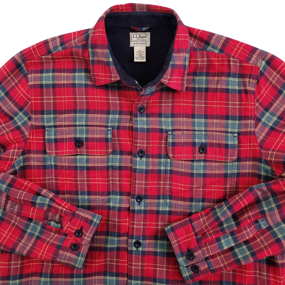 LL Bean Shirt Jacket Mens L Reg Red Tartan Plaid Fleece Lined Flannel Shacket